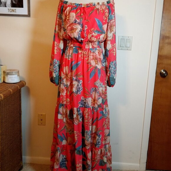 JEALOUS TOMATO FUCHSIA LONG SLEEVE OFF SHOULDER FLORAL PRINT SIZE L MAXI DRESS - Picture 3 of 14
